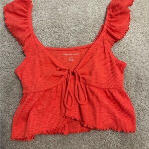 American Eagle Outfitters Red Flutter Sleeve Crop Blouse